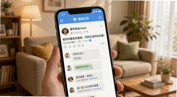 厦门百姓应用内邻里互动社区圈子界面，画面主体为手机屏幕特写，屏幕中显示居民发布的闲置物品置换帖子与评论互动，背景为温馨的居家客厅一角，光线柔和