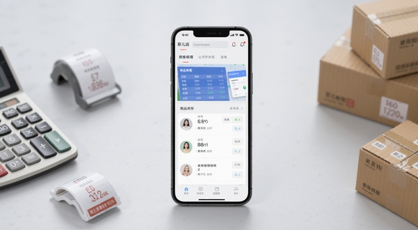菲儿格店管应用主界面全景展示，手机屏幕居中放置于画面视觉中心，屏幕内呈现店铺管理仪表盘、商品列表与库存数字，背景为柔和浅灰渐变的工作台场景，旁边点缀计算器、价签与纸箱等经营元素，整体风格干净写实，适合软件下载站配图