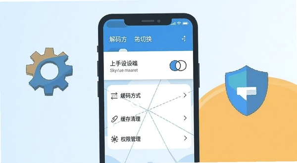 SkyTube移动端设置界面截图风格插画，画面展示手机屏幕内解码方式切换、缓存清理、权限管理等选项列表，旁边配以齿轮与盾牌图标，整体风格扁平化，色调清新，突出上手设置与问题排查主题