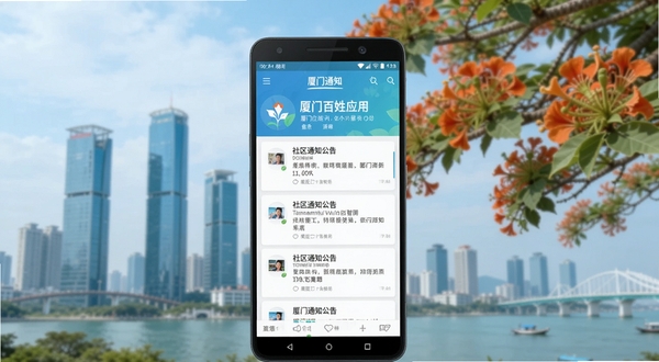 厦门百姓应用首页展示社区通知公告列表的手机界面截图，画面主体为一部竖屏放置的安卓手机，背景为虚化的厦门城市天际线与凤凰木，整体色调清新明亮，体现智慧社区服务场景