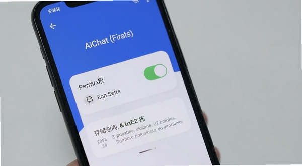手机屏幕展示AiChat安装引导界面，画面中有权限设置开关与存储空间提示卡片，背景为柔和的浅灰色，整体风格简洁实用，突出安装配置与使用指引主题