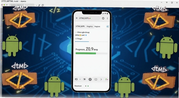 HTML2APK软件界面全貌展示，画面中央为手机屏幕显示网页打包进度条，背景为深蓝色科技感渐变，四周环绕HTML代码符号与安卓机器人图标，整体风格简洁明亮，适配Boogu模型生成