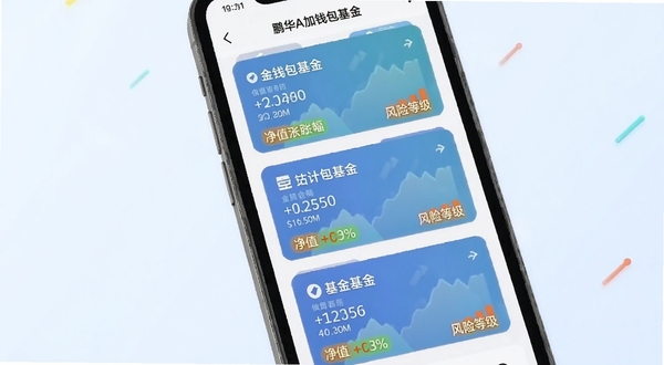 鹏华A加钱包基金产品列表界面展示,手机屏幕中排列多只基金卡片,每张卡片显示基金名称、净值涨跌幅与风险等级标签,背景为浅色渐变,整体风格清爽简洁,适合下载站配图使用