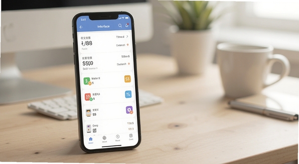 Expense Tracker 记账软件主界面全貌展示，画面主体位于中央偏左，手机屏幕呈现收支列表与分类图标，背景为浅色桌面环境，柔和自然光，扁平化设计风格，细节清晰，适配Boogu模型生成