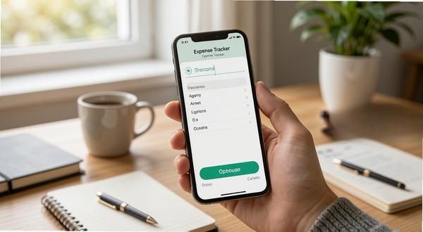 Expense Tracker 手机端记账操作步骤示意图，画面主体为手持手机展示记账输入界面，背景为居家书桌场景，自然光线，细节清晰，突出操作便捷性