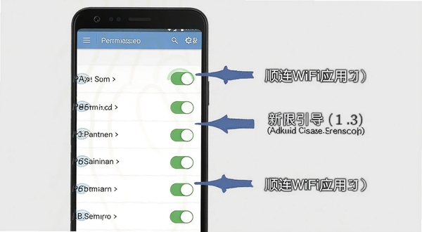顺连WiFi应用在安卓手机上的权限设置界面示意图，画面展示手机屏幕中的权限开关列表，旁边有简洁的箭头指引标注，背景为浅灰色，整体风格为教程图解风，适合新手引导配图