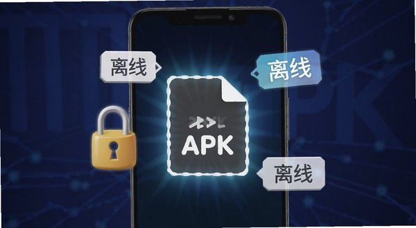 HTML2APK离线打包功能特写，画面展示一部安卓手机屏幕中央出现一个发光的APK文件图标，周围有锁形标志与“离线”字样标签，背景为深色渐变，突出本地处理与隐私保护概念，适配Boogu模型生成
