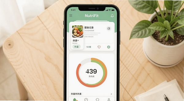 整体展示 NutriFit 应用主界面，画面中央为手机屏幕特写，屏幕内呈现膳食记录卡片与环形热量进度图，背景为浅木色桌面与绿色植物，柔和自然光，扁平插画风格，突出健康记录类软件的清爽气质