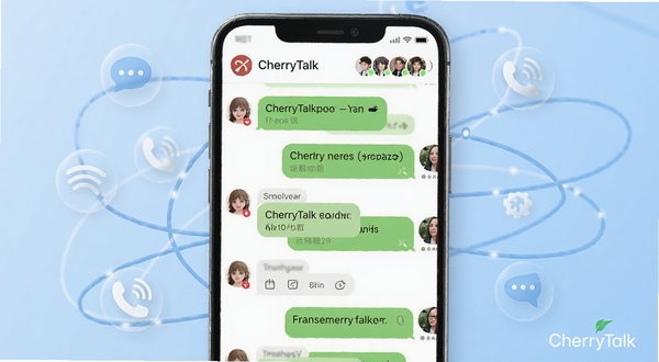 CherryTalk群组聊天界面细节展示，画面主体为手机屏幕中央的群会话窗口，气泡整齐排列，顶部显示群名称与成员头像，背景为柔和浅蓝色渐变，四周漂浮简约的通讯符号与连接线条，整体质感清爽，带有CherryTalk软件名称标识
