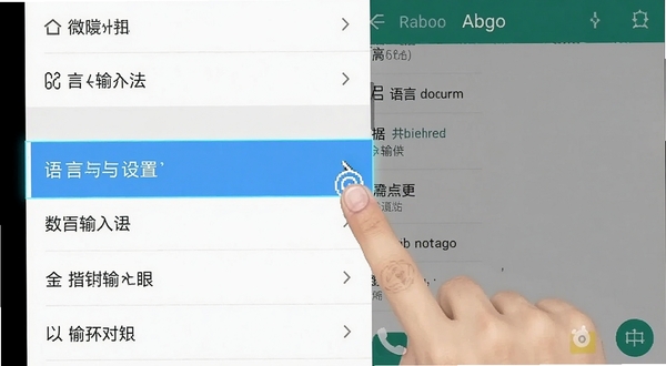 微信输入法安卓手机权限设置界面截图示意，画面展示设置菜单中语言与输入法选项高亮，旁边有手指点击图标，背景为手机系统设置页面风格，清晰直观