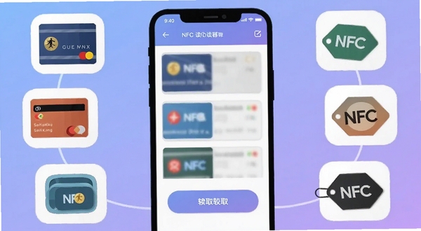 全能NFC读卡器软件主界面截图风格插画，手机屏幕内显示卡片列表与读取按钮，周围环绕着门禁卡、公交卡、NFC标签等小图标，背景为柔和的蓝紫色渐变，扁平化设计风格，线条简洁，适合作为功能展示配图