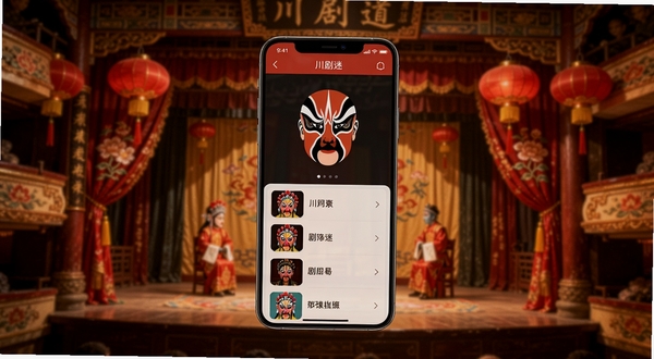 画面中心是一部智能手机，屏幕显示川剧迷应用界面，界面内呈现川剧脸谱图标与剧目列表，手机背景为虚化的传统川剧戏台，戏台上悬挂红色灯笼与蜀绣帷幕，整体色调以中国红与暖金为主，风格写实且富有文化气息，构图简洁突出手机主体