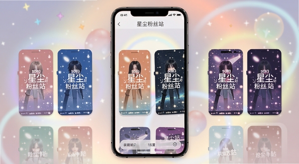 星尘粉丝站个性化主题设置界面，手机屏幕展示多套应援色主题预览，背景为柔和渐变光晕，画面风格温馨细腻，突出装扮功能