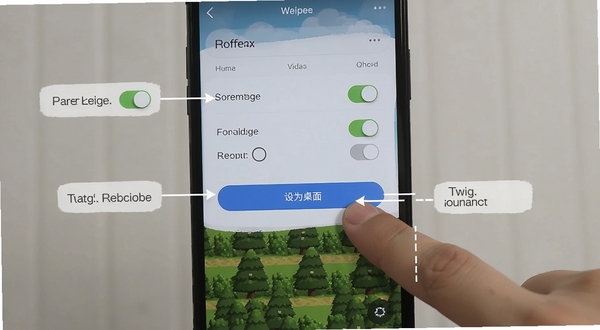 Twig使用教程示意图，手机屏幕展示壁纸应用设置界面，手指点击