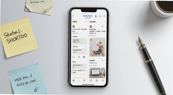Shortoo应用界面全貌展示，画面中央为手机屏幕主体，屏幕内呈现短内容编辑与阅读双栏布局，背景为浅灰渐变的工作台场景，四周散落便签与钢笔元素，整体风格清爽简约，突出移动端效率工具的视觉定位