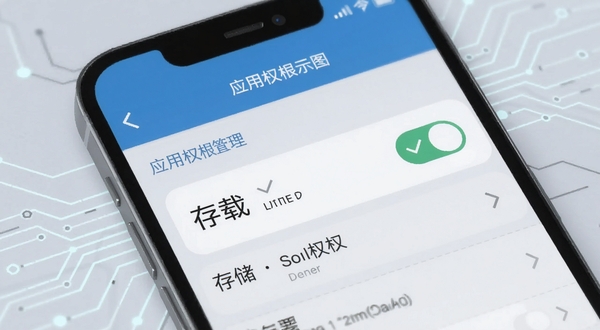 轻载软件安装权限设置示意图，画面展示手机设置页面中应用权限管理界面，存储权限开关处于开启状态，旁边有勾选标记，背景为浅灰色科技感线条，整体色调冷静专业，突出轻载软件安装配置的引导场景