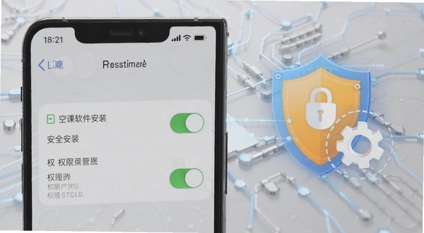 空课软件安装与权限设置示意图，画面为手机设置界面与软件权限开关的特写，旁边配有盾牌和齿轮图标，背景为浅灰色科技感纹理，突出安全安装与权限管理主题