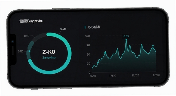 Zangetsu健康数据看板界面，手机屏幕显示步数环形图与心率折线图，配色为深色背景搭配青绿色数据曲线，界面干净利落，突出数据可视化效果，适配Boogu模型生成