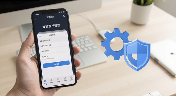 波波派使用教程示意图，画面为一只手握持手机，屏幕上显示波波派的设置与权限管理页面，旁边有抽象的齿轮与盾牌图标，背景为浅色办公桌面，整体氛围专业清晰