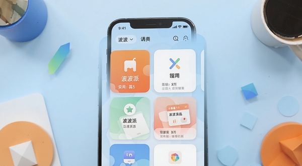 波波派应用主界面全貌展示，画面中央是手机屏幕特写，屏幕内呈现波波派清爽的卡片式功能布局，背景为浅蓝色渐变桌面环境，四周点缀简约几何图形，整体风格干净现代，突出工具类应用的便捷感