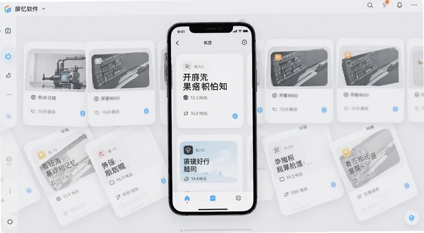 屏忆软件界面中屏幕记忆卡片依次排列，手机屏幕展示文字片段与时间标签，浅色背景，简洁科技感
