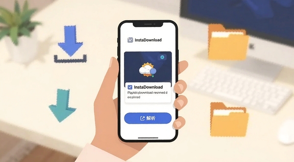 InstaDownload 移动端操作流程示意图，手持手机屏幕显示粘贴链接与解析按钮，背景为浅色桌面环境，画面主体居中，周围点缀下载箭头与文件夹图标，扁平插画风格