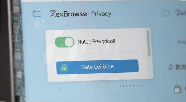 ZexBrowse隐私设置页面特写，画面展示无痕浏览开关与数据清理按钮，风格为扁平化UI设计，背景淡蓝，突出安全干净的氛围