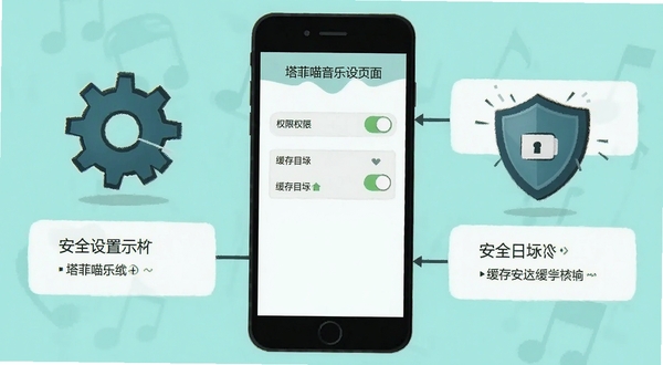 塔菲喵音乐设置页面示意图，手机屏幕显示权限开关与缓存目录选项，画面配有齿轮与盾牌图标，背景为浅青色，风格简洁说明向，突出设置与安全主题