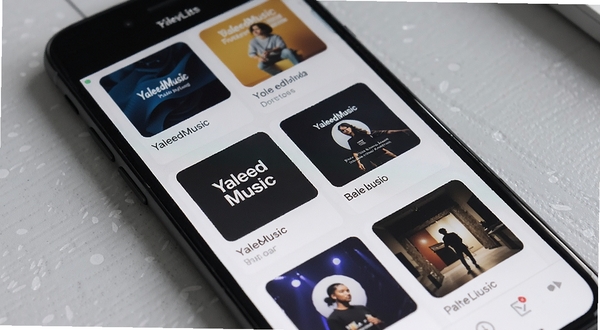 YaleedMusic 播放列表管理界面特写，手机屏幕显示多个自建歌单卡片，卡片带有自定义封面缩略图，背景为柔和浅灰质感桌面，画面干净利落，体现软件本地化管理特色
