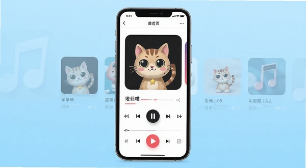 塔菲喵音乐手机端首页界面展示，居中放置手机屏幕，屏幕内呈现音乐播放器主界面与歌单卡片，背景为浅蓝渐变纯色区域，画面干净清爽，突出应用图标与播放按钮细节