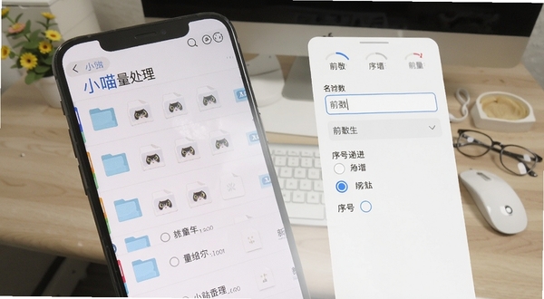 小喵批量处理批量重命名功能界面，手机屏幕特写，文件列表整齐排列，右侧显示命名规则设置面板，包含前缀输入框与序号递增选项，背景为办公桌面环境，画面干净利落
