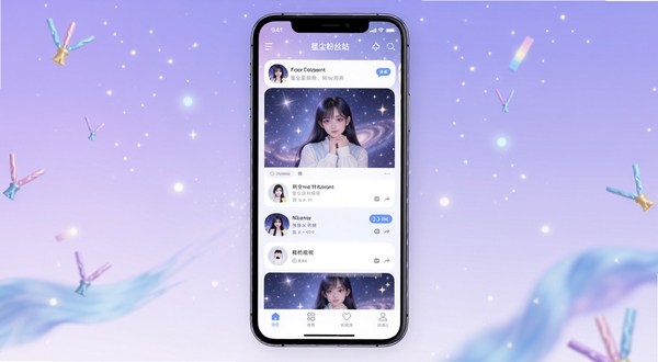 星尘粉丝站应用整体界面展示，手机屏幕竖版构图，画面中央为应用首页信息流，背景为浅紫色渐变星空氛围，四周点缀柔和光点与应援色元素，整体风格清新现代，适配AI生图模型
