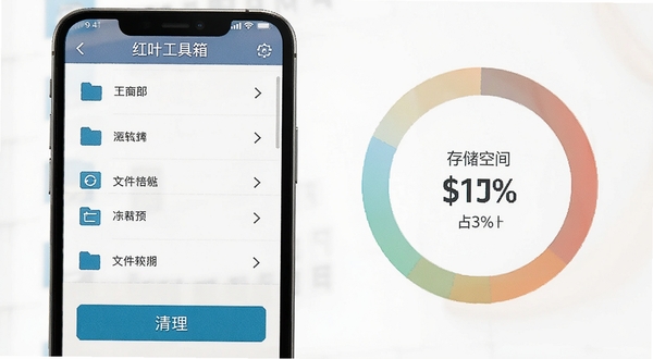 红叶工具箱文件清理界面示意图,画面展示手机屏幕上的文件分类列表和清理按钮,旁边有存储空间占用比例的环形图表,背景干净明亮