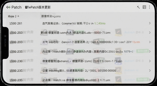 TwPatch版本更新日志界面截图风格，画面展示版本号列表与更新内容条目，手机屏幕居中，背景为浅灰色简约风格，突出迭代记录与修复内容