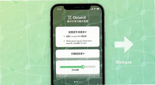 ObtainX 操作引导界面示意图,手机屏幕展示权限授予步骤与扫描进度条,画面右侧有箭头指引,背景为浅绿色柔和渐变,突出上手引导氛围,适配 Boogu 模型生成