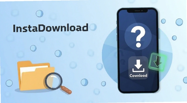 InstaDownload 常见问题解答场景插画，手机屏幕显示问号与下载完成图标，背景为浅蓝色渐变，画面主体位于右侧，左侧留白放置文件夹与放大镜元素