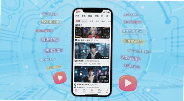哔哩哔哩BILI应用主界面全貌展示，手机屏幕居中构图，画面主体为竖屏手机显示BILI首页推荐视频瀑布流，背景为浅蓝色渐变科技感空间，周围漂浮弹幕气泡与播放按钮元素，整体风格清新明快，适配Boogu模型生成