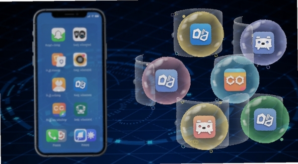 幻影分身独立沙盒隔离原理示意图,画面左侧为手机主系统区域,右侧为多个彩色半透明气泡代表分身空间,每个气泡内有一个应用图标,气泡之间用透明屏障隔开,背景为深蓝色科技网格,突出安全隔离与数据独立