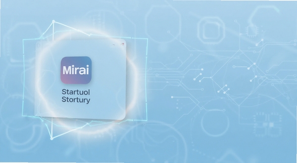 Mirai 软件主界面全貌展示，画面中央偏左为软件图标与启动界面，背景为浅蓝色渐变科技感背景，主体坐标为画面中心偏左三分之一处，背景区域为柔和光晕与几何线条装饰，整体风格简洁现代，适配 Boogu 模型生成