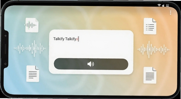 Talkify 应用主界面展示，中央为文本输入框与朗读按钮，背景为浅色渐变，周围环绕声波与文档图标，整体风格简洁现代，适配安卓手机屏幕比例