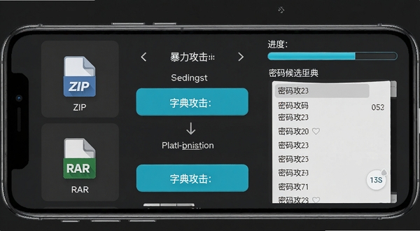 压缩包密码恢复工具功能界面预览图，画面展示手机屏幕内多个功能选项卡并排排列，左侧是ZIP和RAR格式图标，中间是暴力破解与字典攻击的模式选择按钮，右侧是进度条与密码候选列表滚动显示，整体采用深色主题搭配青蓝色高亮按钮，界面细节清晰，背景为纯色深灰，突出软件功能布局