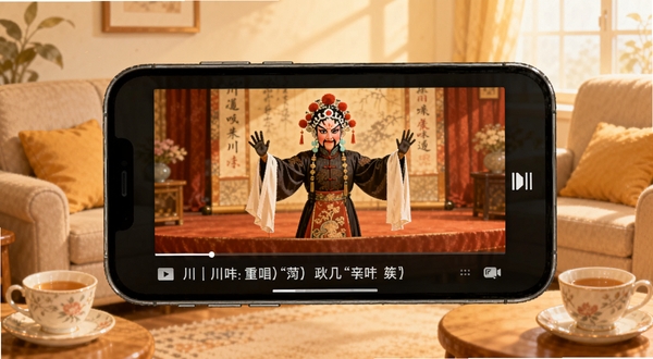 川剧迷应用内的播放界面截图风格插画，画面中央是手机横屏播放川剧视频，屏幕下方有唱词滚动显示，背景是温馨的居家客厅环境，沙发上放着茶杯，整体色调柔和温暖