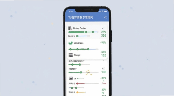 SLIME软件库下载管理页面示意图,手机界面显示多个下载任务的进度条与状态标签,画面采用扁平化插画风格,背景为淡蓝灰配色,突出下载管理功能,整体干净整洁