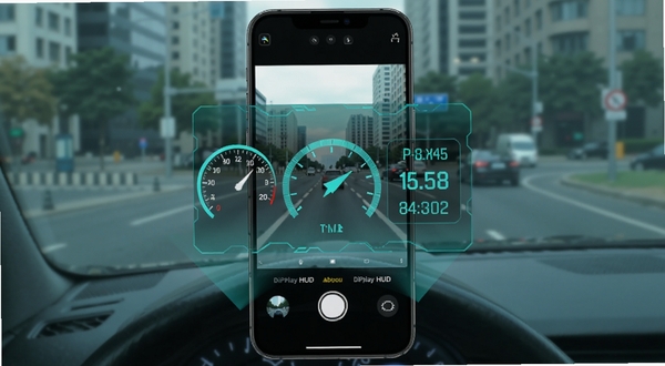 DiPlay HUD 软件主界面悬浮窗投影效果展示,手机屏幕中相机取景画面上叠加半透明抬头显示信息模块,包含车速、方向与时间数据,背景为城市道路虚化场景,画面主体居中,科技感蓝绿色调,适配 Boogu 模型生成
