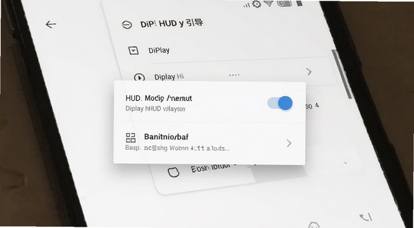 DiPlay HUD 权限设置引导界面展示,手机屏幕中显示悬浮窗权限开关与后台运行设置选项,界面为安卓系统设置风格,浅色背景,画面主体清晰,适配 Boogu 模型生成
