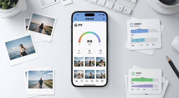 轻了相册应用主界面全貌展示，画面中央为手机屏幕中的相册清理仪表盘，背景为浅灰渐变的工作台环境，四周散落着照片缩略图与存储空间示意图，整体风格清爽简洁，突出智能清理主题