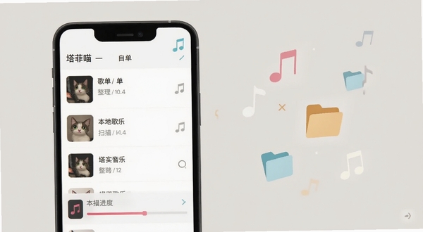 塔菲喵音乐歌单管理页面，手机屏幕展示自建歌单列表与本地音乐扫描进度条，画面右侧漂浮音符与文件夹图标，背景为浅灰米色，整体风格清新简约，体现整理收纳的音乐氛围