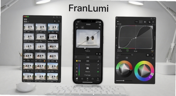 FranLumi 软件主界面全貌，画面中央是手机屏幕显示调色工作台，左侧为预设滤镜列表，右侧为曲线与色轮面板，背景为浅灰渐变的工作室桌面，柔和顶光，整体干净明亮，突出软件名称FranLumi