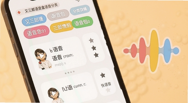 又三郎语音盒语音包分类界面特写,手机屏幕显示多个彩色标签分类栏与语音条目卡片,卡片上有播放按钮和收藏图标,背景为柔和暖色调,画面右侧漂浮着卡通声波图案,整体呈现轻快活泼的视觉风格