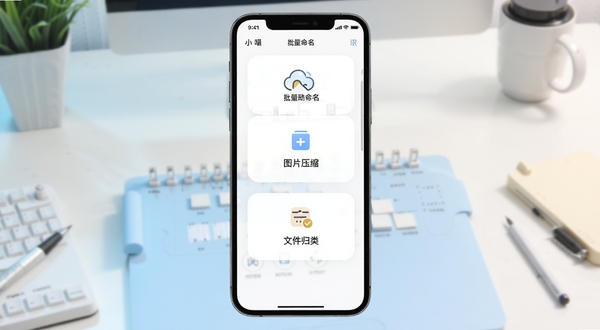 小喵批量处理软件主界面展示，手机屏幕居中构图，界面包含批量重命名、图片压缩、文件归类三个功能卡片，背景为浅色渐变工作台场景，整体风格清爽简约，突出工具类应用的高效感